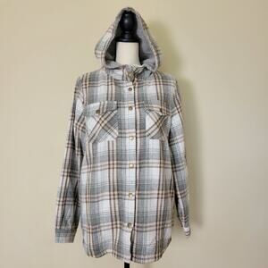 NWT Dokotoo Women's L Flannel Shacket Jacket Lined Snaps Hood Pockets Lined Soft